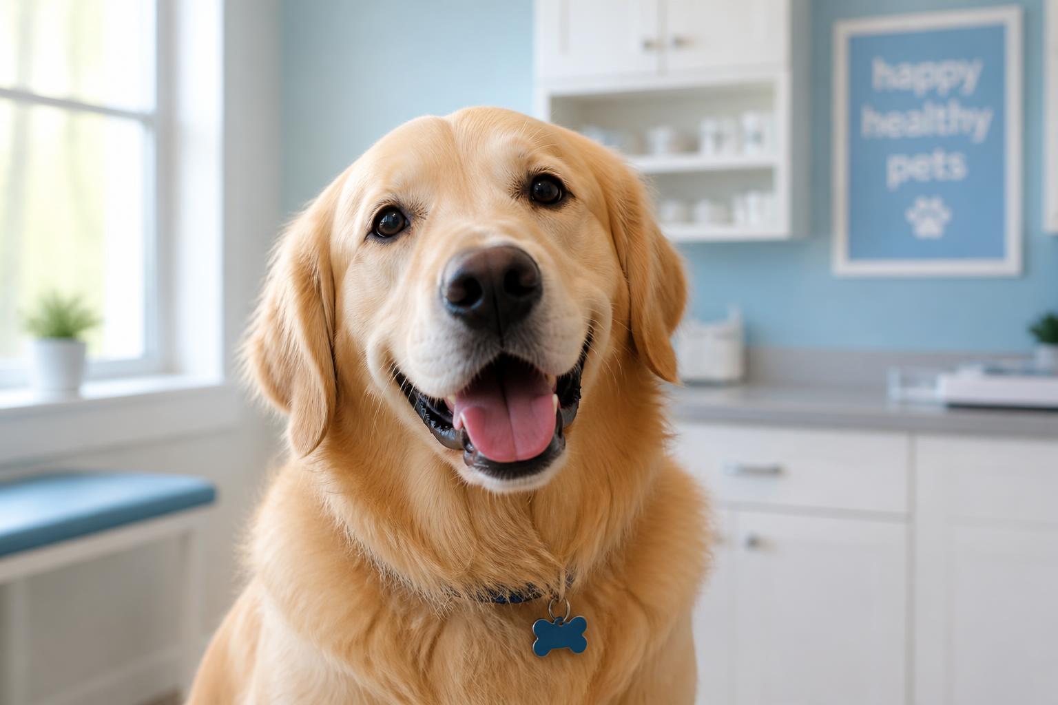Happy golden retriever smiling in a bright veterinary consulting room